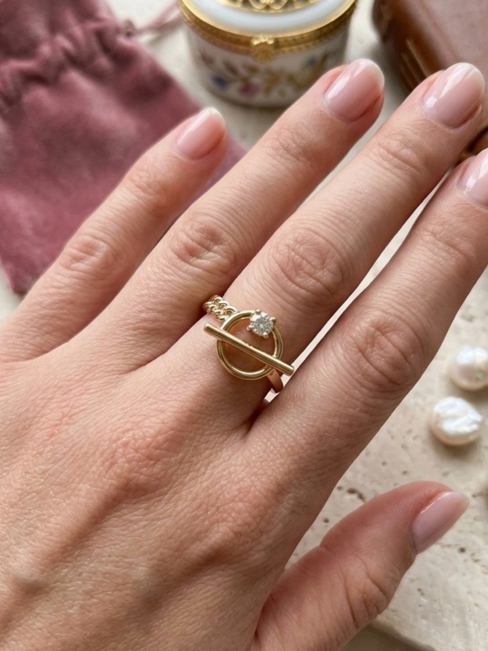 Adina Eden Gold Toggle Circle Ring with Solitaire CZ Accent Adjustable Size